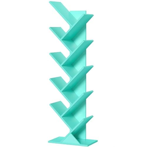 SHEEPAM 10 Tier Tree Book Shelf, Floor Standing Wood Bookshelf for Narrow Space, Storage Organizer Bookshelves for Books/CDs/Magazine, Bookcase with Shelves for Home Office, Living Room - Green - Image 1
