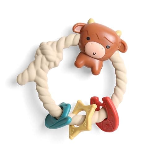 Itzy Ritzy Silicone Teether with Rattle – Rattle Teether Features Rattle Sound, Three Silicone Teething Rings and Raised Texture to Soothe Gums – Ages 3 Months and Up (Highland Cow) - Image 1