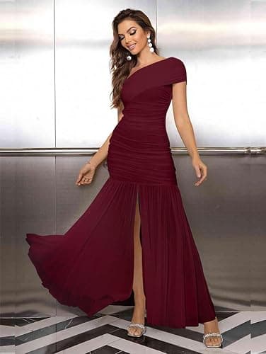 LAGSHIAN Women's Elegant Formal Long Dress One Shoulder Sleeveless Ruched Bodycon Evening Dress thumbnail 4