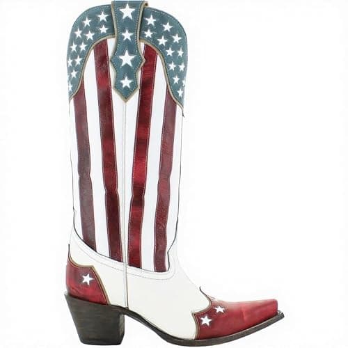 MissHeel Mid Calf Red and White Stripes Cowgirl Boots with Stars - Image 1