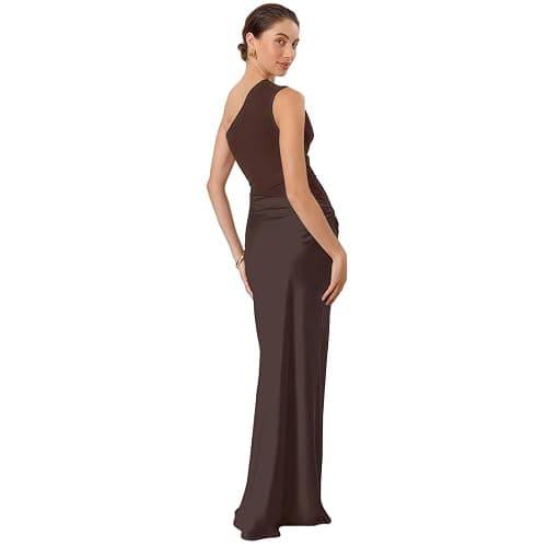 RARITYUS Women’s Elegant One Shoulder Maxi Dress Satin Ruched Bodycon Wedding Guest Dress Flowy Cocktail Evening Dresses thumbnail 3