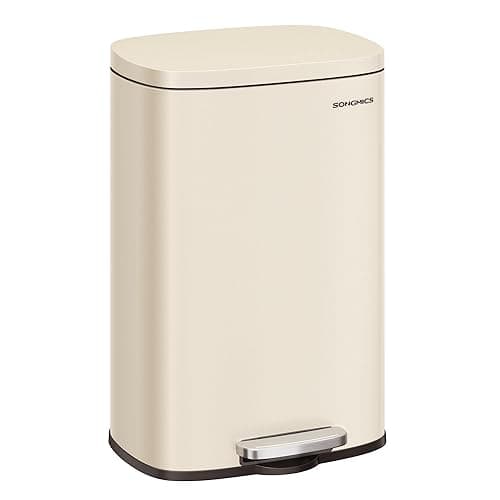 SONGMICS 13 Gallon (50 L) Trash Can, Stainless Steel Kitchen Garbage Can, Recycling or Waste Bin, Soft Close, Step-On Pedal, Removable Inner Bucket, Sand Beige ULTB050A01 - Sand Beige - 13 Gal.