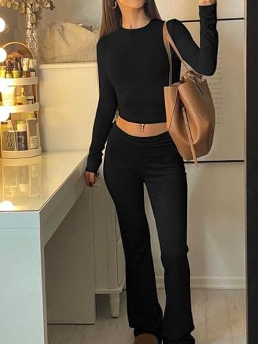 AYWA Women's 2 Piece Outfits Foldover Flare Pants Long Sleeve Crew Neck T-shirt Fitted Pajama Sets thumbnail 5