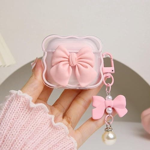 QLD COVER Compatible with Apple AirPods 4 Generation 2024 Case Cover, Cute 3D Bow Tie Design Shockproof Soft Clear TPU Kawaii Airpods 4 Protector with Keychain for Women Girls, Pink Bow - Image 1