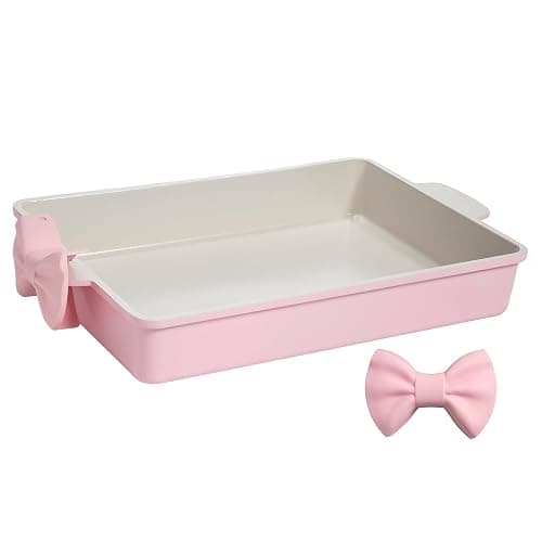 Paris Hilton Deluxe Roasting Pan Set, Heavy Duty Nonstick Bakeware with Silicone Handle Grips, 13"x9", Pink - Image 1