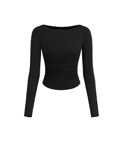PRETTYGARDEN Long Sleeve Shirts for Women 2025 Fall Ruched Sides Boat Neck Basic Tee Casual Fitted Ribbed Knit Crop Tops - Image 1