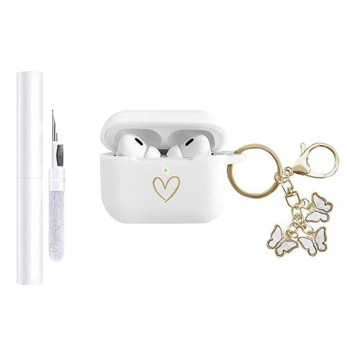 AIIEKZ Compatible with AirPods Pro 3 Case Cover 2025, Soft Silicone Case with Gold Heart Pattern for AirPods Pro 3rd Generation Case with Cute Butterfly Keychain for Girls Women (White) - Image 1