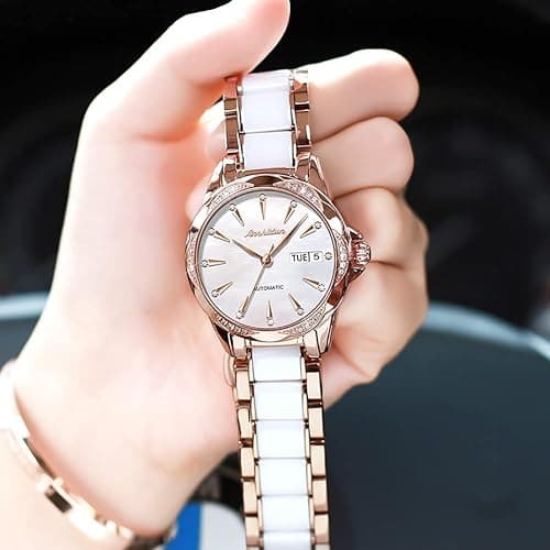 Womens Watch Automatic White Face Ladies Watch Mechanical Waterproof Self-Winding Wrist Watch Rose Gold Pearl Shell Dial Watches Day Date Woman Watches Ceramic Stainless Steel Diamond Watch for Ladies thumbnail 6