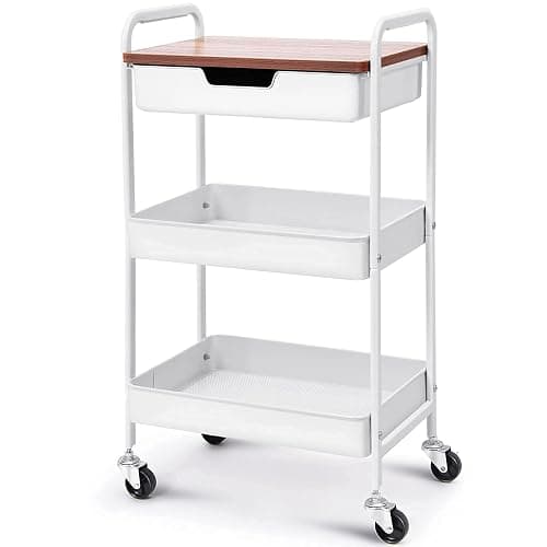 TOOLF 3 Tier Rolling Cart with Drawer, Metal Utility Storage Cart, White | Wooden Tabletop, Lockable Metal Wheels, Trolley Organizer for Bathroom, Kitchen, Office, Nursery, Dorm, Laundry, Craft Room thumbnail 8
