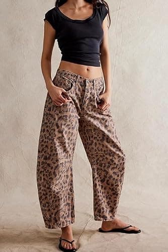 Haohukeji Barrel Jeans Women Boyfriend Baggy Barrel Floral Print Denim Ankle Pants Mid Rise Wide Leg Sweatpants Y2k Patchwork thumbnail 3