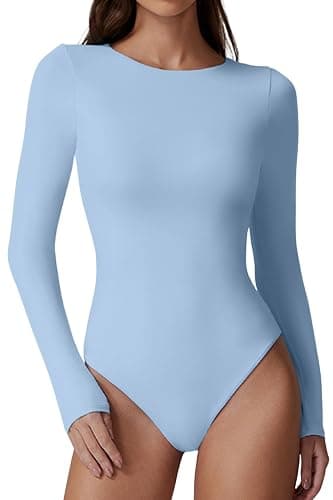 QINSEN Womens Crew Neck Long Sleeve Bodysuit Double Lined Body Suits Basic T-Shirt Tops - Image 1