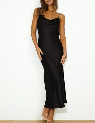 Summer Satin Spaghetti Strap Cowl Neck Backless Midi Dresses for Women Elegant Tie Low Back Ruched Cocktail Dress thumbnail 4