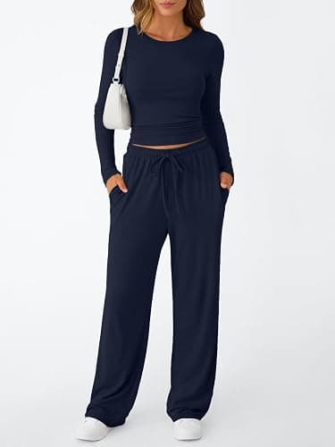 Trendy Queen Women's 2 Piece Matching Lounge Set Long Sleeve Slightly Crop Top Wide Leg Pants Casual Sweatsuit thumbnail 2