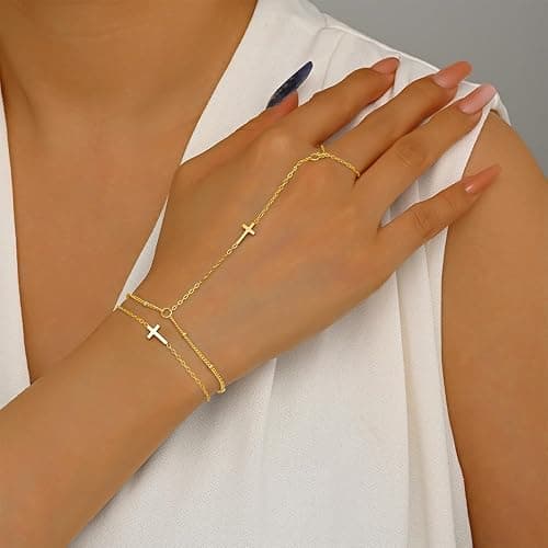 JUTOLOKA 18K Gold Plated Small Cross Bracelet for Women | Tiny Cute Cross Bracelets | Beaded Bracelet | Hip Hop Knot | Hand Chain Bracelets | Gold Jewelry Gifts for Women thumbnail 5