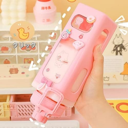 NEWSTYP Kawaii Bear Pastel Water Bottle With 3D Sticker 700ml Plastic Travel Tea Juice Milk Portable Cute Shaker Drink Bottle Gift (Pink) thumbnail 2