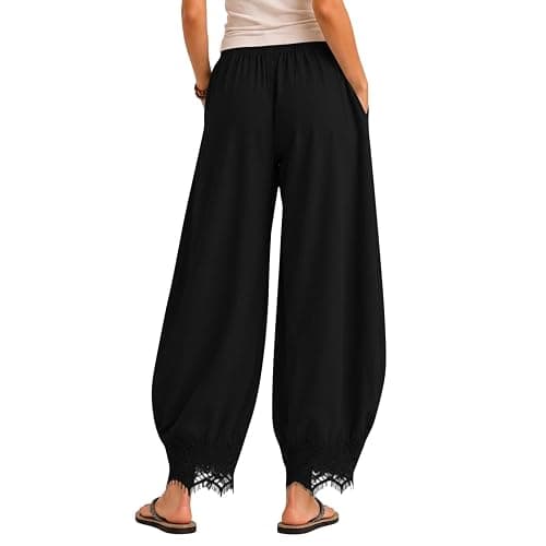 Womens Cropped Lace Trim Pants High Waisted Elastic Drawstring Wide Leg Trousers Casual Flowy Boho Pant with Pockets thumbnail 5