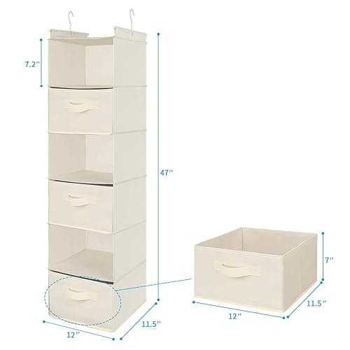 MAX Houser 6 Tier Shelf Hanging Closet Organizer, Cloth Hanging Shelf with 2 Sturdy Hooks for Storage, Foldable (Beige) - Beige thumbnail 4