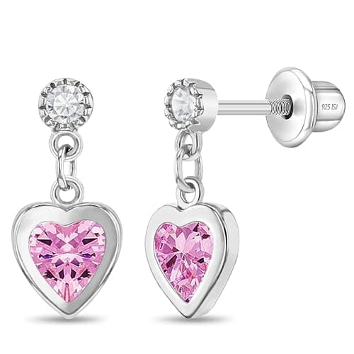 In Season Jewelry CZ Dangle Heart Kids Earrings - 925 Sterling Silver Hypoallergenic Earrings for Girls with Secure Screw Backs - Safe & Comfortable for Toddlers, Kids & Little Girls - Image 1