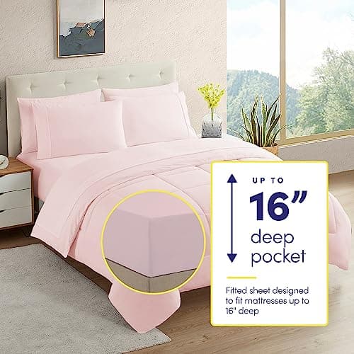 Sweet Home Collection 5 Piece Comforter Set Bag Solid Color All Season Soft Down Alternative Blanket & Luxurious Microfiber Bed Sheets, Pale Pink, Twin thumbnail 2