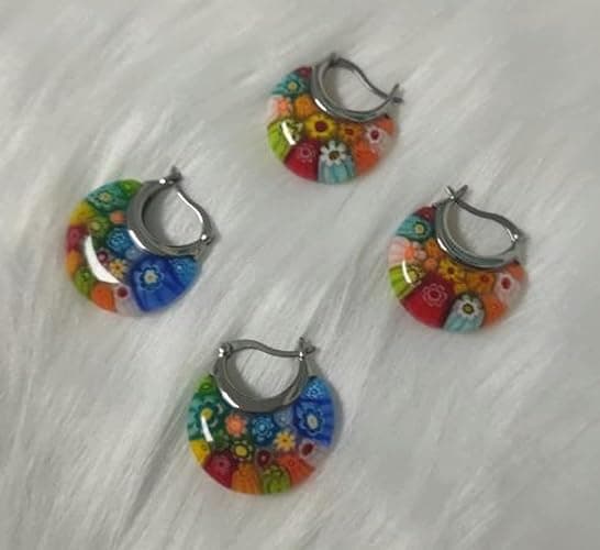Murano Style Glass Hoop Earrings for Women Multicolored Dry Flower Moon Earrings Classic Stainless Steel Gift for Her thumbnail 4