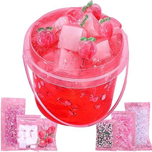 Premade Crystal Slime Peach Pink Jelly Cube Glimmer Crunchy Slime, Includes 6 Sets of Slime Add-ins, Party Favors for Kids, Sensory and Tactile Stimulation, Stress Relief, for Girls & Boys - Image 1