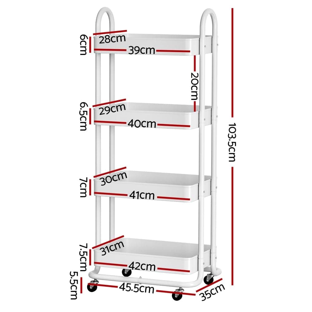 Artiss Storage Trolley Kitchen Cart 4 Tiers Rack Shelf Frame Organiser White thumbnail 2