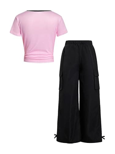 RoseSeek Girl's 2 Piece Summer Outfits Short Sleeve Ruched Basic Tess and Camo Cargo Pants Sets Trendy thumbnail 2
