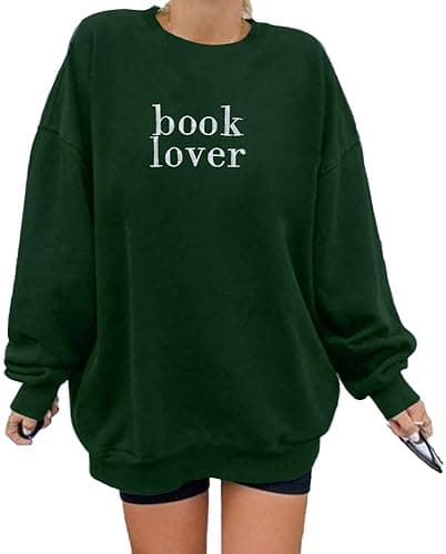 MOUSYA Book Lover Embroidered Sweatshirt Women Funny Reading Book Long Sleeve Shirt Casual Teacher Pullover Tops - XX-Large - Green