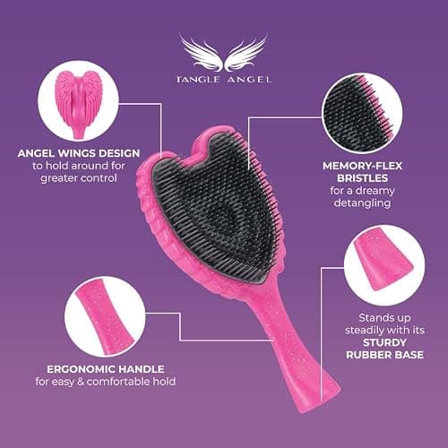 Hair Detangler Brush - Detangling Brush for Thick Hair with Soft Bristles, Angel Wing Design, & Long Handle - Water Resistant Tangle Angel Reborn Hairbrush for Shower & Hairstyling - Pink Sparkle thumbnail 2