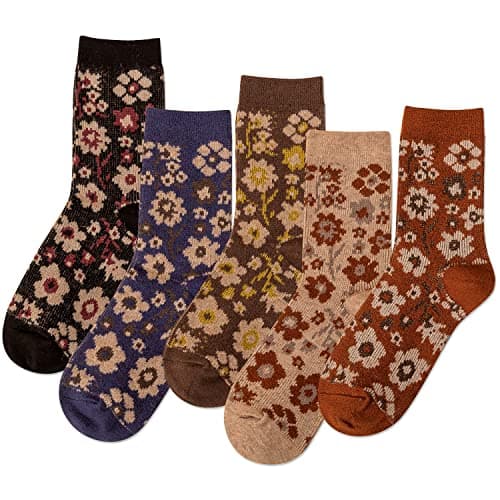 IIG 5 Pairs Womens Pretty Vintage Wool Socks Unique Print Design Soft Cozy Warm Crew Socks Christmas Gift