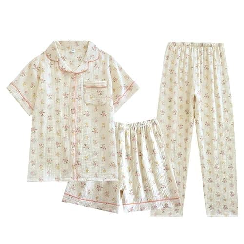 codcm Womens 3pcs Cotton Pajamas Set Short Sleeve Sleepwear Fruit Print Cute Pj Set with Long Pants - Image 1
