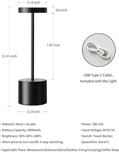 Ophouliy Cordless Table Lamps Rechargeable 2 Pack, 5000mAh Battery Operated LED Touch Lamps, IP54 Waterproof Portable Wireless Table Lights for Outdoor Patio Bar Restaurants Bedroom Bedside (Black) thumbnail 5