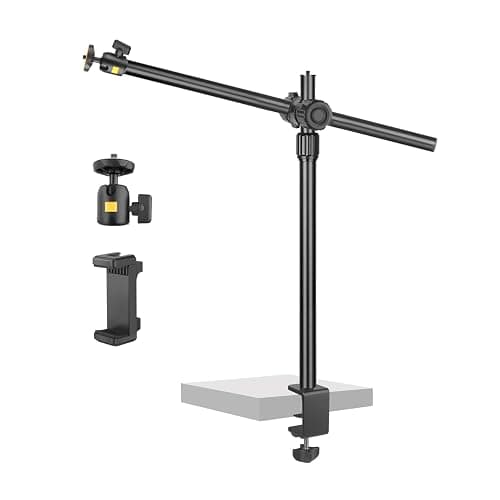 Camera Desk Mount Webcam Stand with Overhead Articulating Magic Boom Arm 1/4" Ball Head for DSLR Tripod, Adjustable Light Stand, Tabletop C Clamp for Ring Light Photo Video Shooting Live Streaming - Image 1