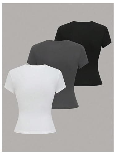 COZYEASE Girl's 3 Pack Summer Basic Tee Tops Short Sleeve Crew Neck Casual Fitted T-Shirts thumbnail 2