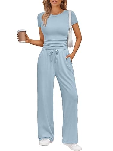 Trendy Queen 2 Piece Matching Summer Sweatsuit Lounge Set Womens Wide Leg Pants Side Ruching Crop Top Sets - Light Blue - X-Small