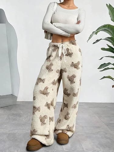 Flannel Plaid Leopard Pajama Pants for Women Plush Fuzzy Pjs Pant Furry Pajamas Bottom Sleep Pants thumbnail 3