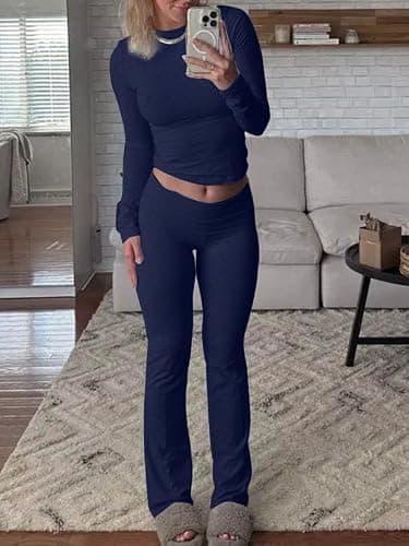 AYWA Women's 2 Piece Outfits Foldover Flare Pants Long Sleeve Crew Neck T-shirt Fitted Pajama Sets thumbnail 4