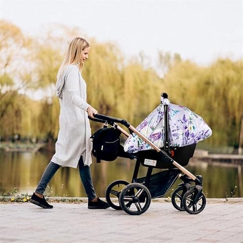 CARUILI Purple Floral Baby Car Seat Cover, Breathable Mesh Window, Sun and Wind Protection, 3 Modes of Use, Waterproof, Nylon, Polyester thumbnail 2