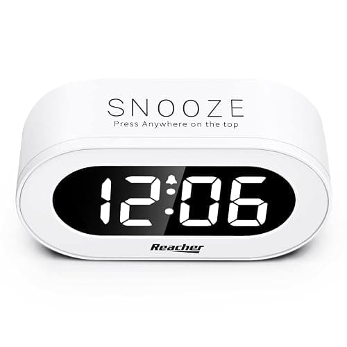 REACHER Small LED Digital Alarm Clock with Snooze, Simple to Operate, Full Range Brightness Dimmer, Adjustable Alarm Volume, Outlet Powered Compact Clock for Bedrooms, Bedside, Desk, Shelf(White) thumbnail 3