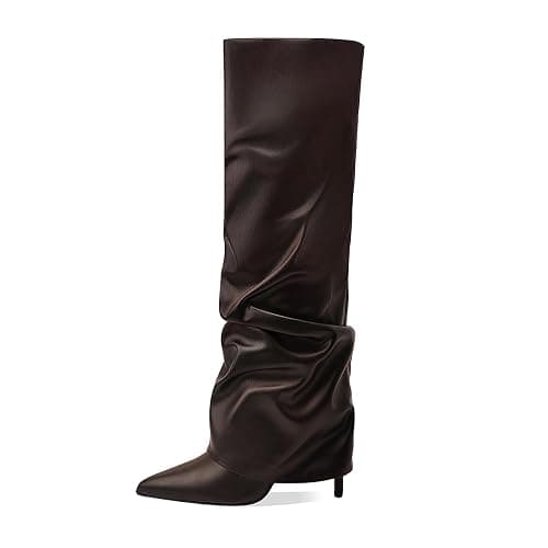 MOTIMODEN Women's Knee High Boots Fold Over High Heel Pointed Toe Black White Long Boots Women Dress Tall Boots for Women - Image 1