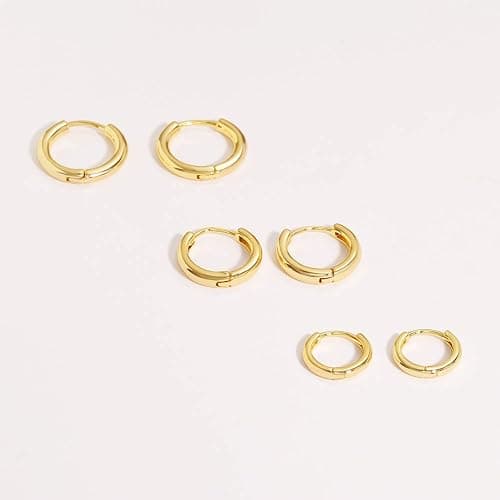 3 Pairs 14K Gold Plated Huggie Hoop Earrings for Women, Minimalist Gold Huggie Hoop Earrings, Simple 3 sizes Hoop Earrings for Women Men gift,gold silver rose gold and black - Gold thumbnail 7