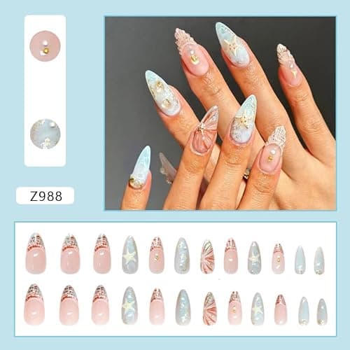 Mkwntg 24Pcs Starfish Press on Nails Medium Almond Fake Nails with 3D Star Pearl Shell Design Colorful French Tip Acrylic False Nails Silver Glitter Blue Ombre Glue on Nails for Women Summer Manicure thumbnail 2