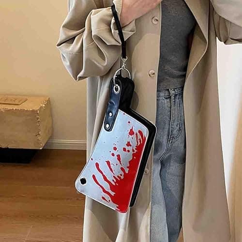 PU Leather Creative Prank Knife Shoulder Bag, Japanese Cartoon Gothic Horror Crossbody Bag, Bloody Axe Chopper Clutch Purse thumbnail 2