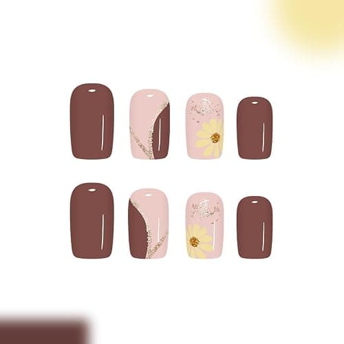 24Pcs Fall Press on Nails Short Square Fake Nails with Design Yellow Daisy Glue on Nails Brown False Nail Striped Glitter Acrylic Nail thumbnail 5