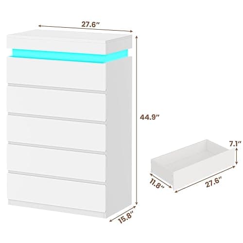 HAUOMS Tall 5 Drawer Dresser with LED Light, White Modern Chest of Drawers for Bedroom,Closet Dressers with Drawers for Living Room, Entryway, Hallway thumbnail 2
