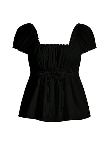SOLY HUX Women's Short Sleeve Babydoll Tops Cute Summer Blouse | Peplum Top for Teen Girls, Square Neck, Lace Tops, Summer T Shirts thumbnail 5