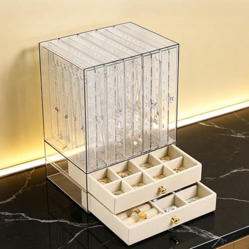 Greenfeather Jewelry Organizers and Storage, Clear Acrylic Jewelry Box with 40 Necklace Hooks 120 Pairs of Earring Holes 2 Velvet-Lined Drawers for Rings Necklaces Earrings thumbnail 6