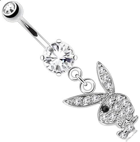 Playboy Belly Button Ring Multi Paved Gems on Bunny Dangle (Clear/black eye) - Image 1