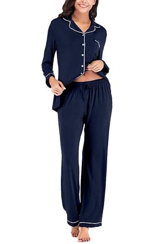 Aamikast Women's Pajama Sets Long Sleeve Button Down Sleepwear Nightwear Soft Pjs Lounge Sets - Navy Blue - X-Large thumbnail 4
