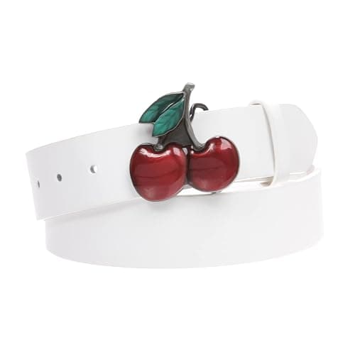 Women's Casual Jean Belt with Enameled Red Cherry Fruit Western Buckle - Image 1